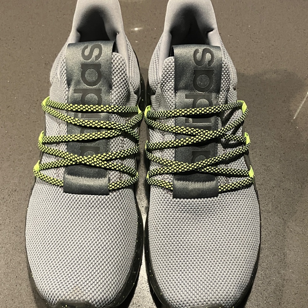 Adidas Gray and Black Shoes with Neon Green Highlights